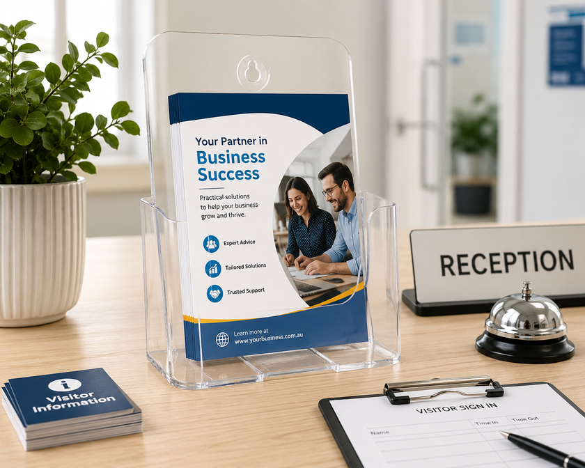 Clear A5 brochure holder on a modern reception counter with visitor information flyers, sign in sheet and service bell.