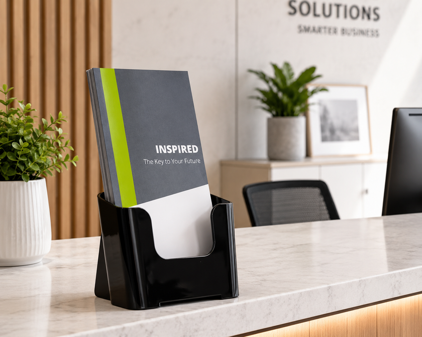 Black brochure holder on a modern reception counter displaying printed flyers for professional visitor information and office communication.