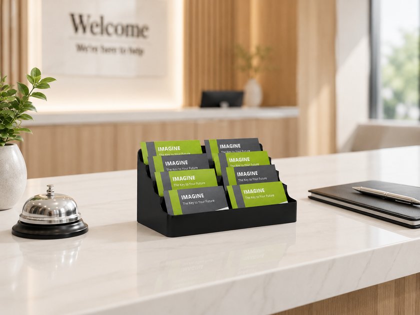 Business card holder on a modern reception counter with neatly displayed cards, service bell and visitor notebook for professional contact organisation.