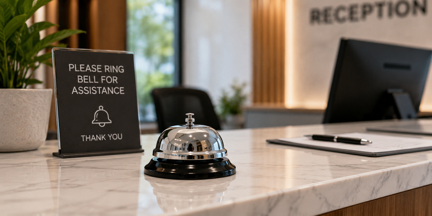 Polished call bell on a reception counter for counters, service desks and front of house areas.