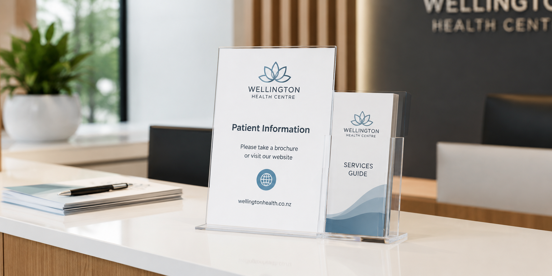 Clear DL pocket sign holder displaying slim brochures and notices on a professional reception counter.