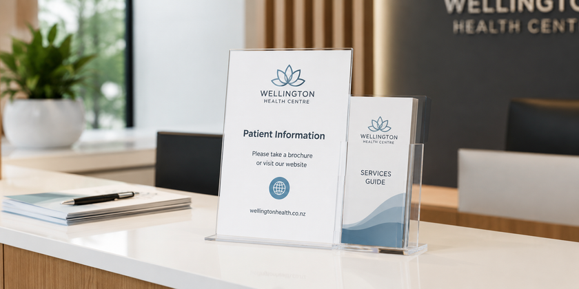 Clear DL pocket sign holder displaying slim brochures and notices on a professional reception counter.