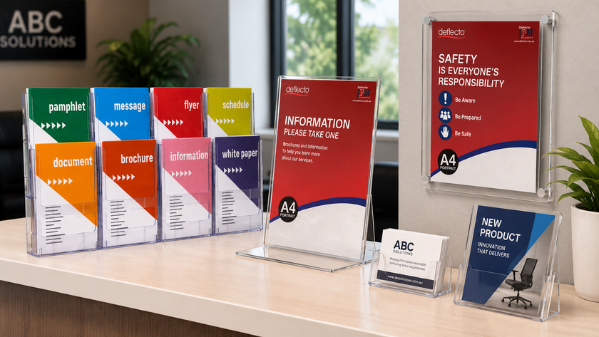 Display holders arranged on a modern reception counter with brochure pockets, acrylic sign holders and wall mounted signage for professional customer information.
