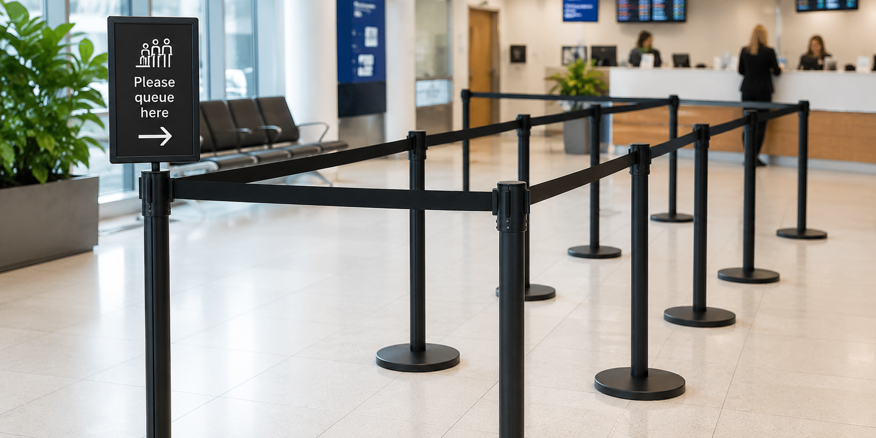 Black retractable belt barriers guiding a queue through a bright modern reception area for organised access and crowd control.