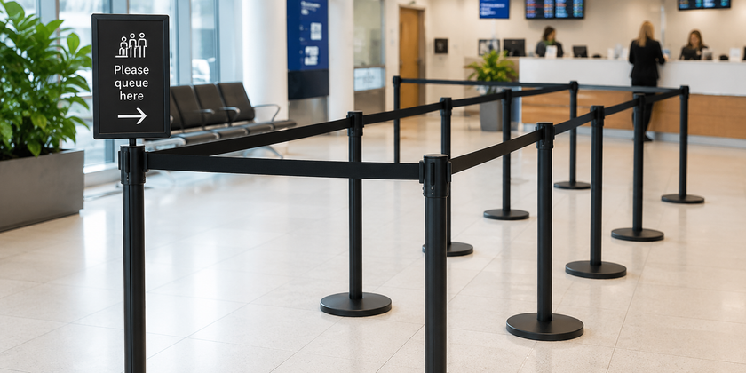 Black retractable belt barriers guiding a queue through a bright modern reception area for organised access and crowd control.