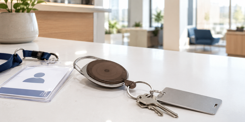 Retractable key holder with keys, access card and ID badge on a modern reception counter for secure everyday workplace access.