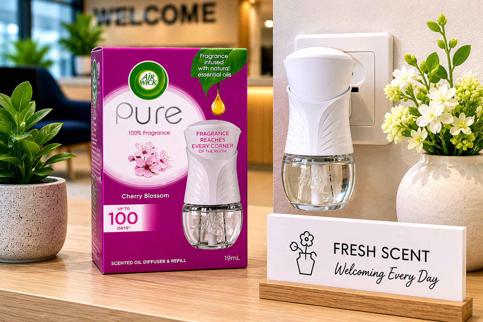 Scented diffuser and refill displayed in a modern reception area with plants, flowers and a welcoming indoor setting.