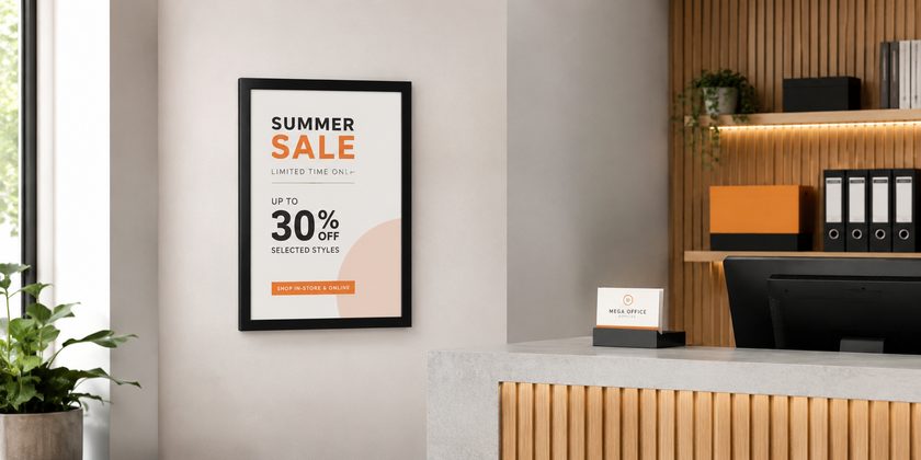 Wall mounted snap frame displaying a promotional poster in a modern reception area.