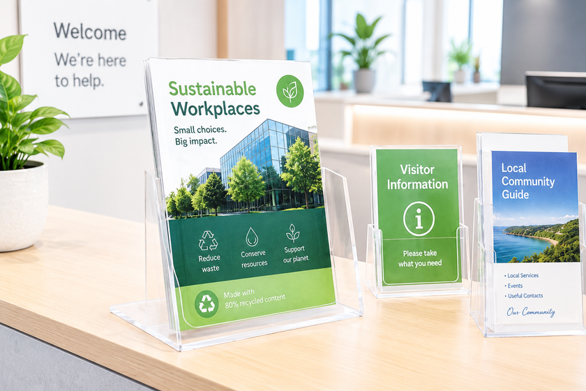 Recycled content brochure holders arranged on a bright modern reception desk with sustainability flyers, visitor information and community guides.