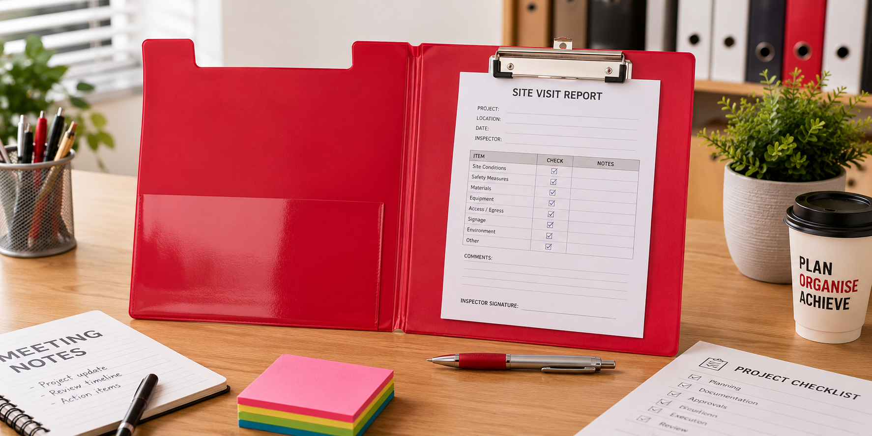 Red clipfolder open on a bright office desk with site report forms, meeting notes, stationery and organised workspace supplies.