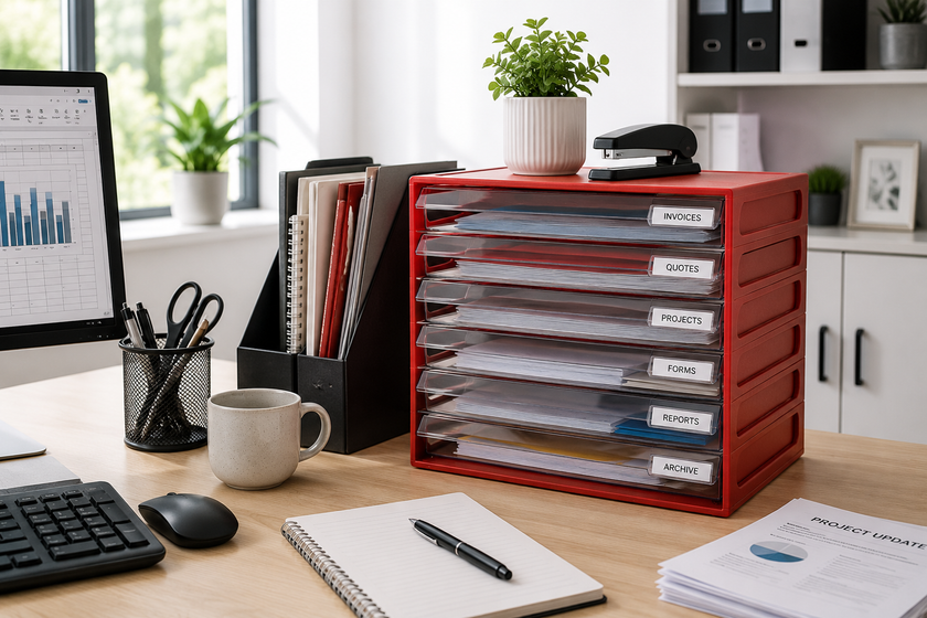 Red desktop document cabinet with labelled drawers for organising invoices, quotes, projects and office paperwork.
