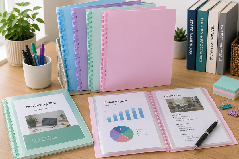 Refillable display books arranged on a bright office desk with presentation documents, stationery and organised reference folders.