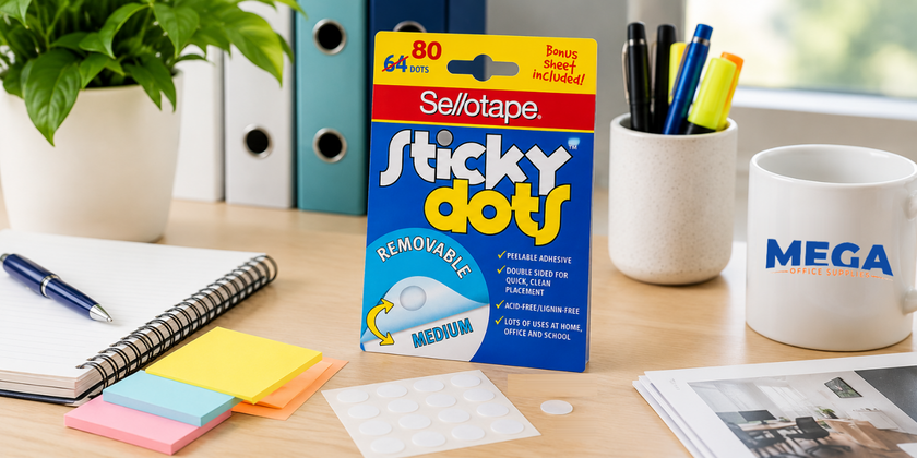 Sellotape removable sticky dots displayed on a bright office desk with stationery, notebooks and a Mega Office Supplies mug.