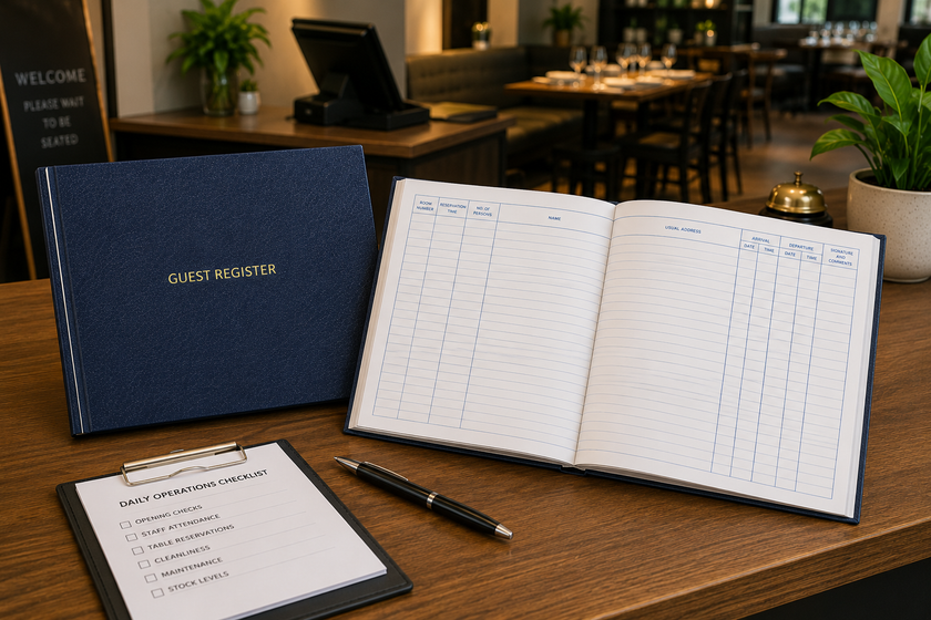 Guest register record book open on a restaurant reception counter with a matching cover, pen and daily operations paperwork nearby.