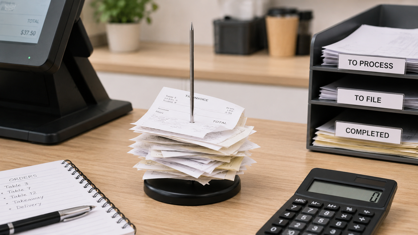Paper spike holding receipts and invoices on a retail counter with calculator, order notebook and document trays.