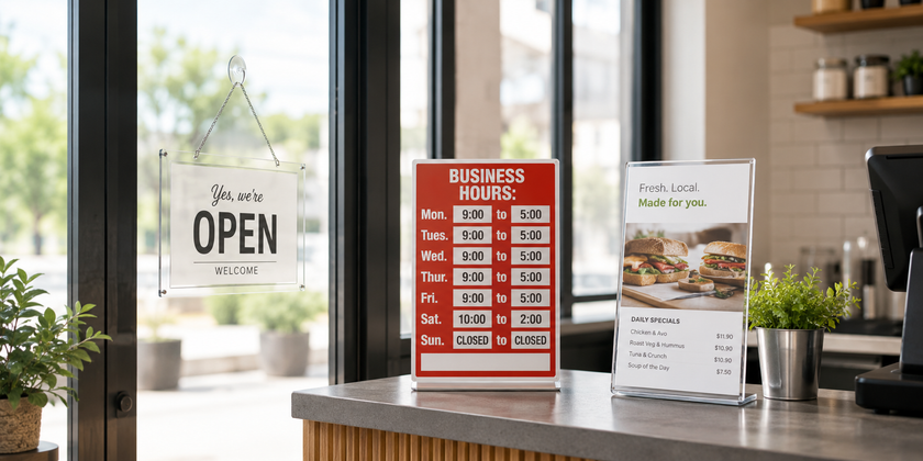 Retail signs displayed on a shop counter with business hours sign and customer notice holder.