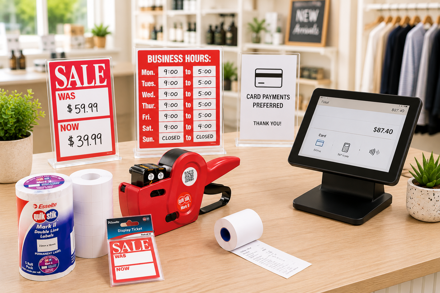 Retail workspace supplies arranged on a bright store counter with sale tickets, label rolls, pricing gun, receipt roll and POS system.