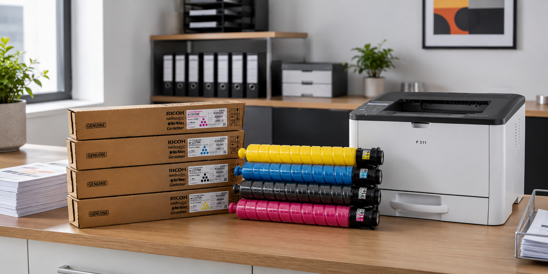 Ricoh toner cartridges and printer displayed in a modern corporate print room with organised paper supplies and professional office shelving.