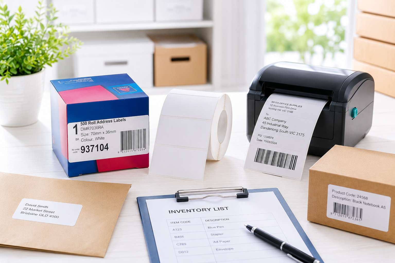 Roll labels displayed in a bright modern shipping workstation with a label printer, parcels, envelopes and inventory paperwork for efficient labelling.
