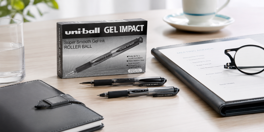 Uni ball rollerball pens and pen box arranged on an executive desk with meeting agenda, notebook, glasses and coffee cup