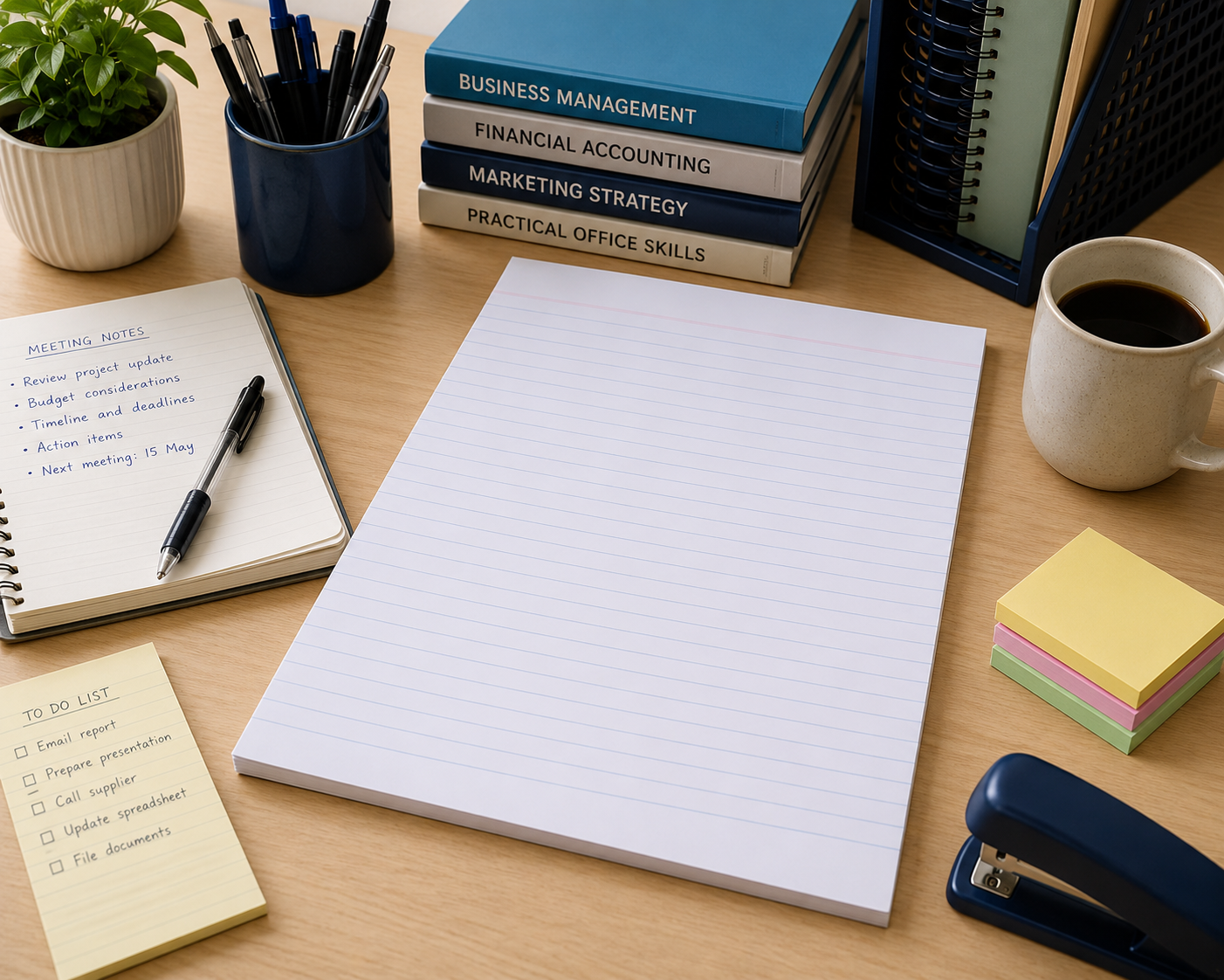 Ruled pad on a clean writing desk with pens, meeting notes and office accessories for neat notes, lists and everyday writing.