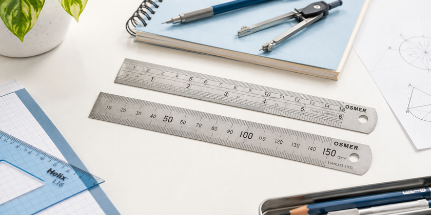Stainless steel rulers and geometry tools arranged on a bright white drafting desk.