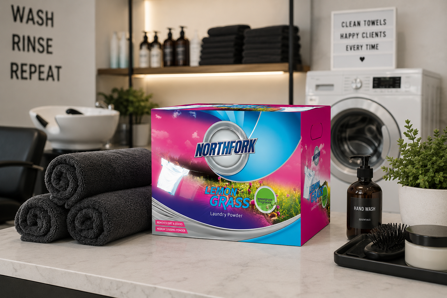 Laundry powder box on a hair salon laundry counter with rolled towels, washer and salon care accessories nearby.