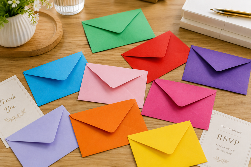 Assorted C6 envelopes scattered across a realistic stationery table with invitations, thank you cards and desk accessories for colourful correspondence.