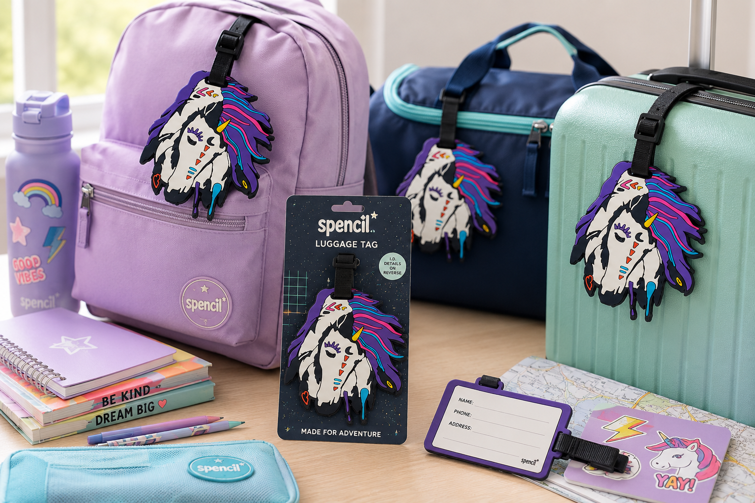 Spencil unicorn luggage tags attached to school bags and travel items in a bright back to school preparation setting.