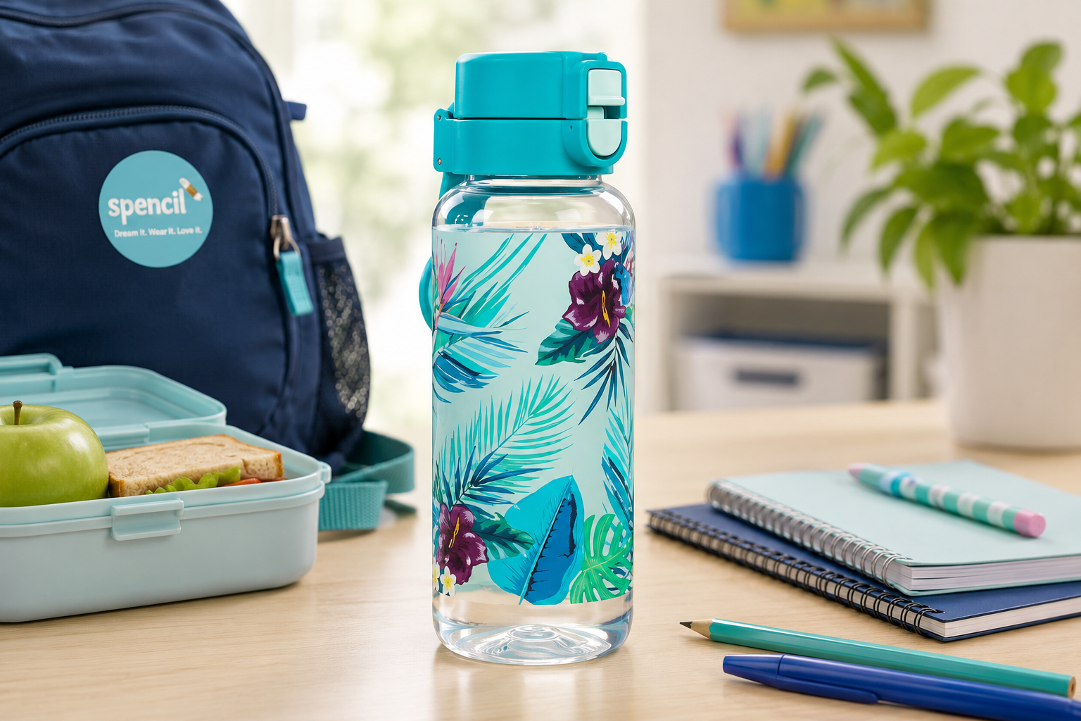 Spencil tropical print water bottle on a bright school desk with lunchbox, backpack, notebooks and stationery.