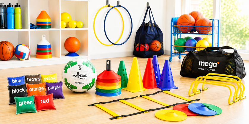 Colourful physical education equipment arranged in a bright school gym with cones, balls, agility gear and beanbags.