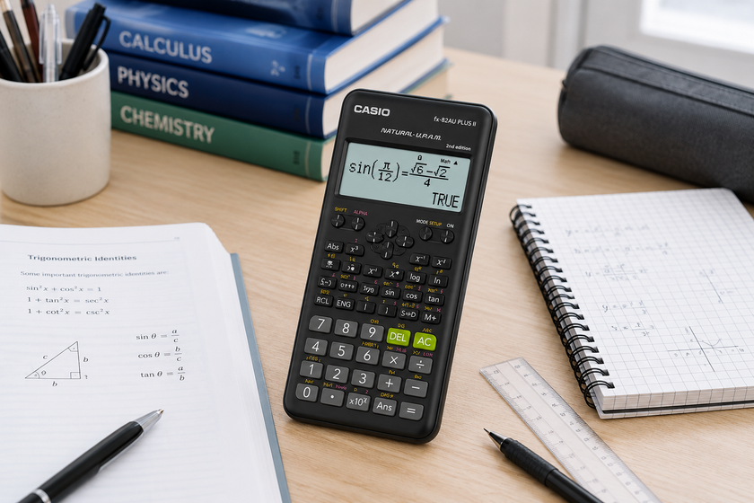 Scientific calculator arranged on a bright study desk with maths textbook, handwritten notes, ruler, pencil and study supplies.