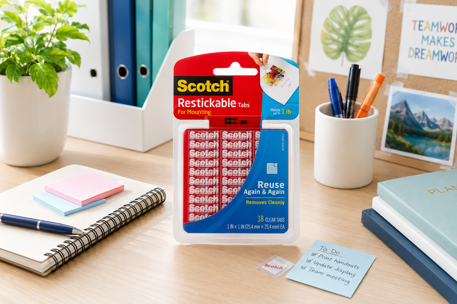 Scotch restickable mounting tabs displayed on a bright, organised office desk with notebooks, stationery and a planning board.