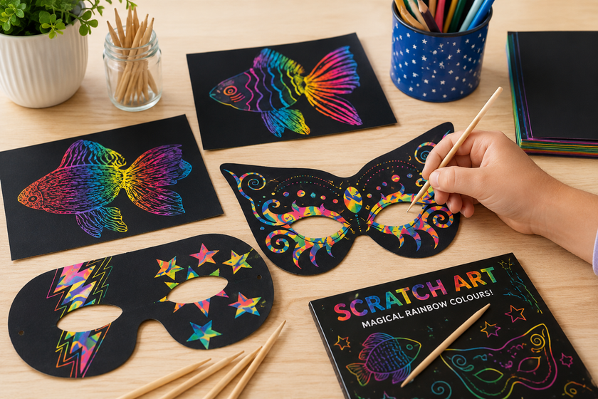 Scratch art papers arranged on a classroom craft table with rainbow fish and mask designs, wooden stylus tools and creative colour reveal projects.