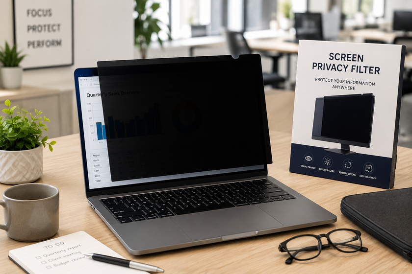 Screen privacy filter fitted to a laptop on a bright office desk with product packaging, notebook, coffee and workspace accessories.