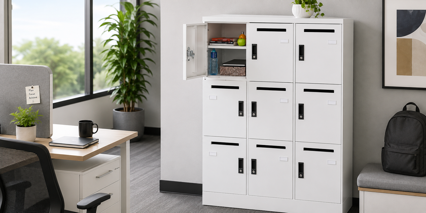 White office lockers with secure compartments in a bright modern workplace beside a desk and staff storage area.
