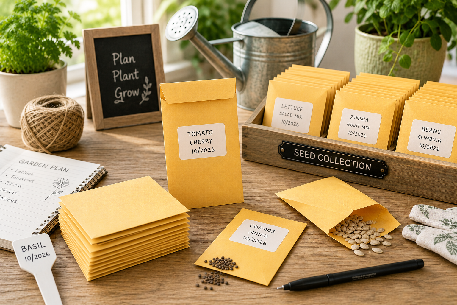 Seed envelopes arranged on a bright gardening workspace with labelled seed packets, twine, plants, watering can and garden notes.