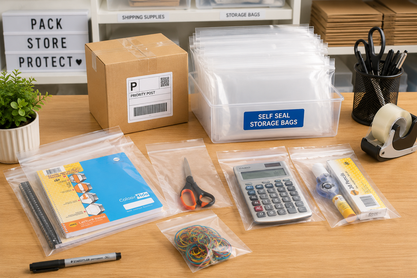 Self seal storage bags arranged on a bright packing desk with stationery, office supplies, carton, tape and organised storage bin.