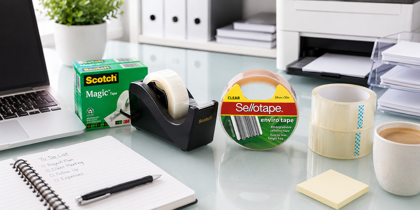 Sellotape Enviro Tape and office tapes arranged on a bright modern desk with dispenser, laptop and printer.