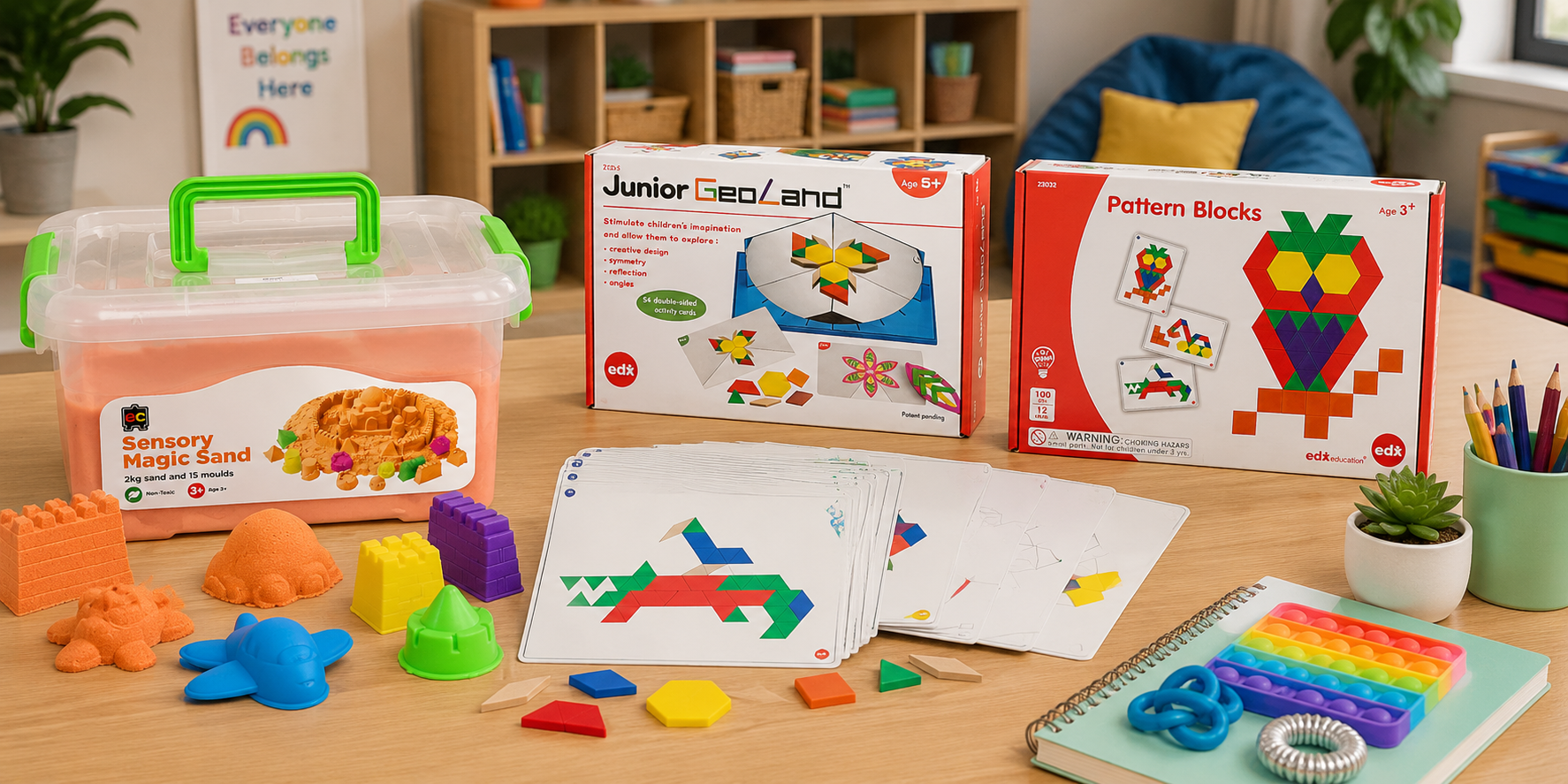 Sensory toys arranged on a classroom table with sensory sand, pattern blocks, activity cards and tactile tools for inclusive learning and calm focus.