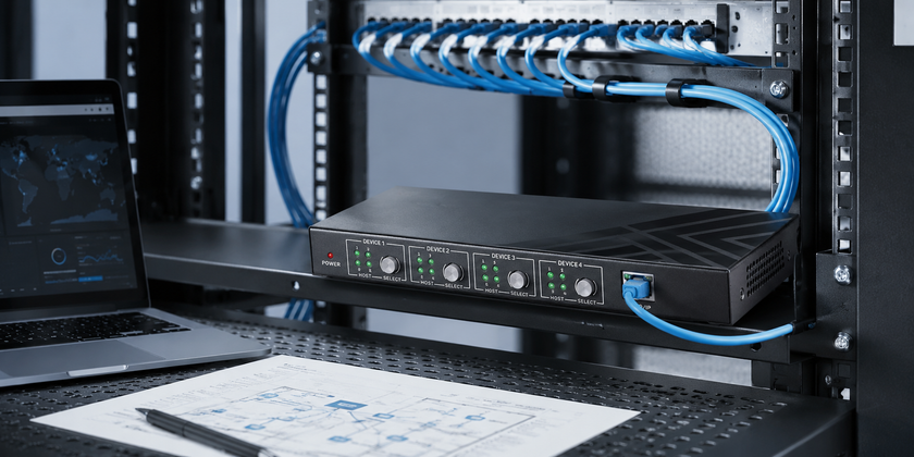 Networking products installed in a server room workspace with rack-mounted equipment, blue Ethernet cables, laptop and technical plan sheet.