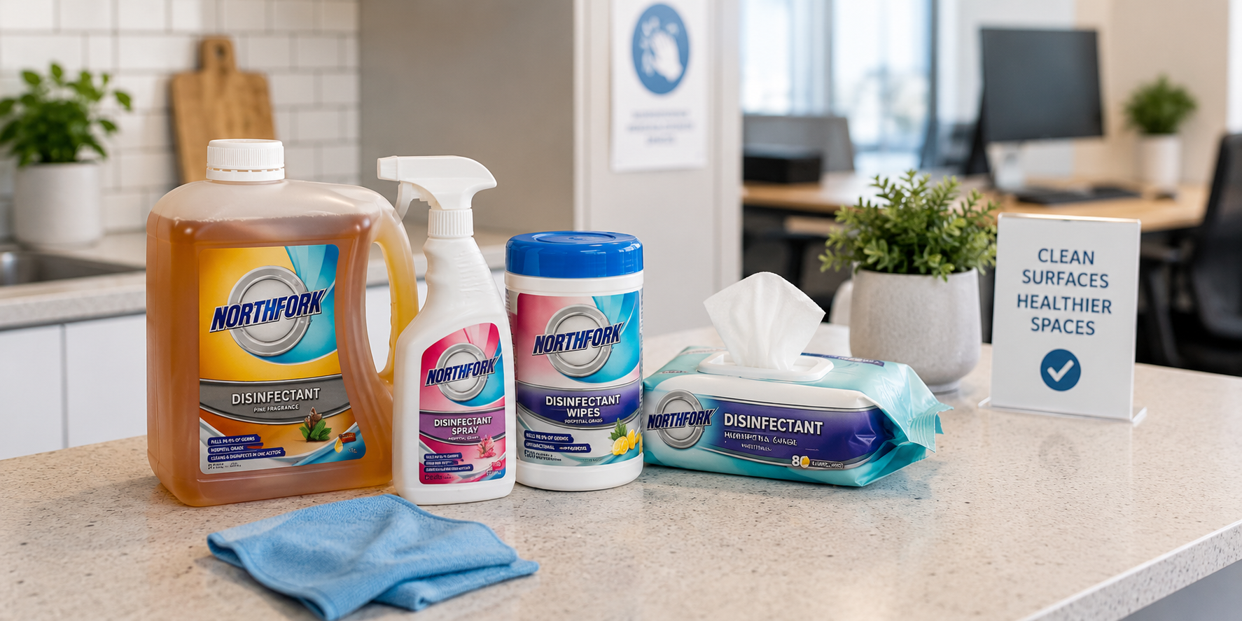 Household disinfectants displayed on a clean shared kitchen counter for workplace surface cleaning and hygiene.
