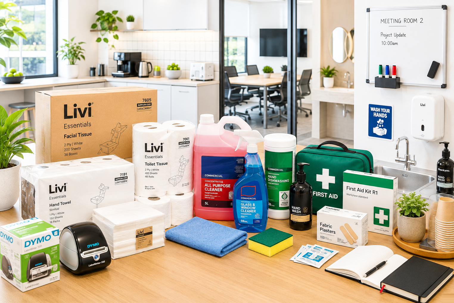 Shared office space essentials with washroom supplies, cleaning products, first aid and meeting room items in a bright corporate kitchen area.