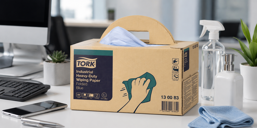 Cleaning wipes box on a shared office desk with spray bottle, pump bottle, microfibre cloth and hygiene station accessories.