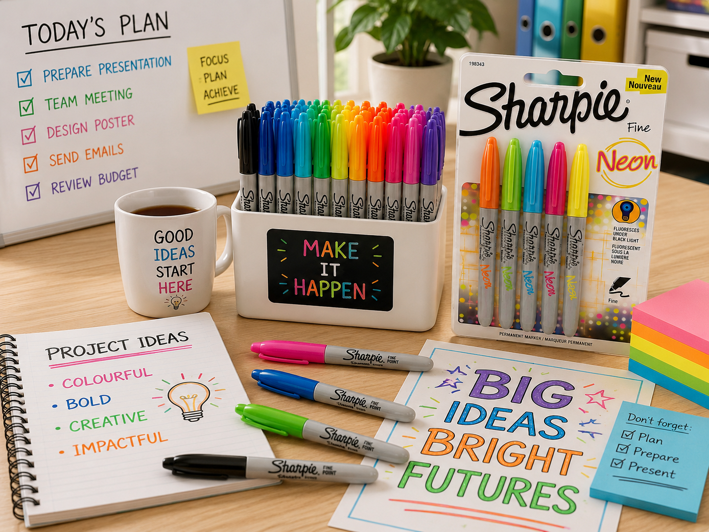 Sharpie marker set on a bright creative desk with loose markers, colourful project notes, sticky notes and planning board.