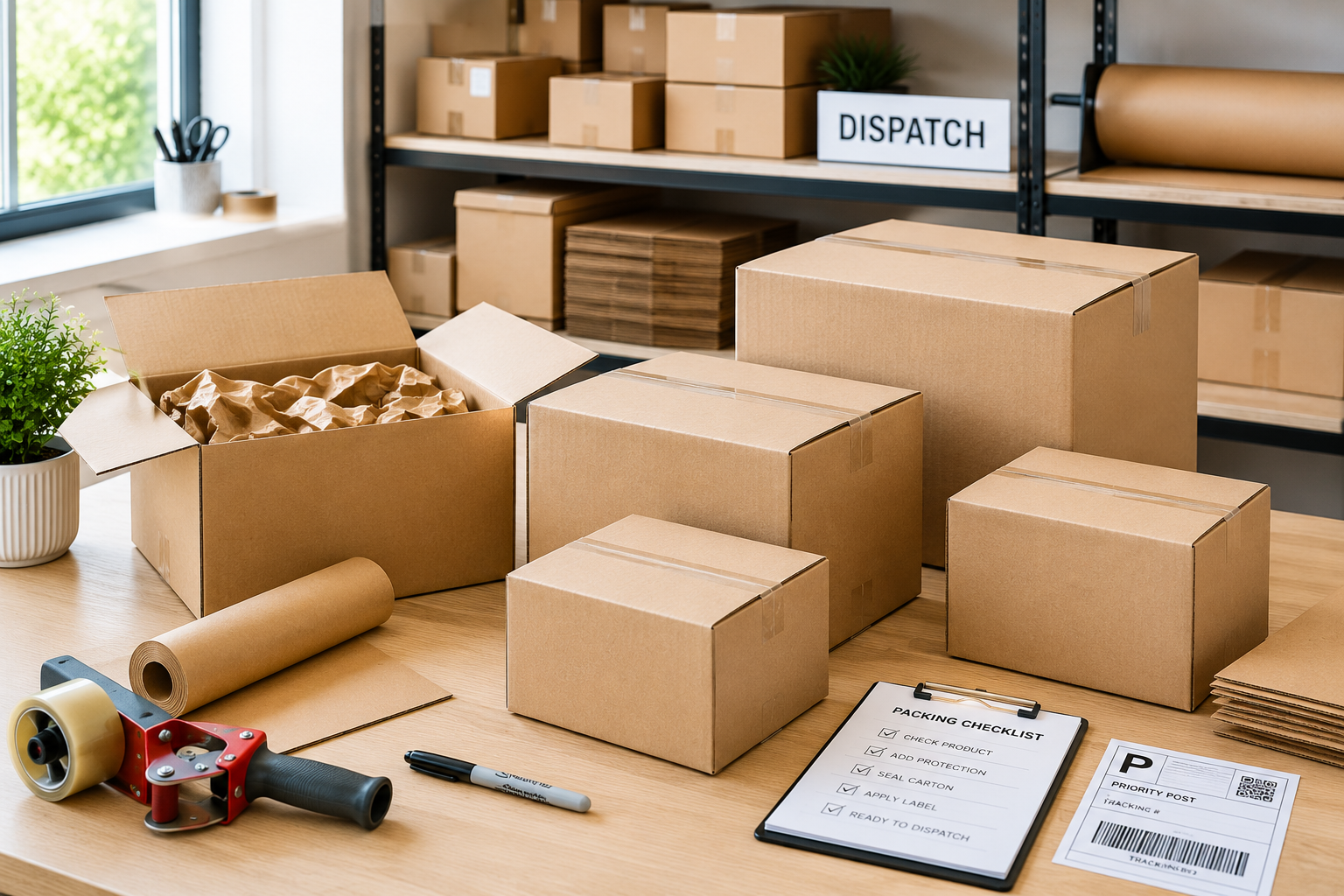 Shipping cartons arranged in a bright dispatch packing station with kraft paper, tape dispenser, checklist and parcel labels.