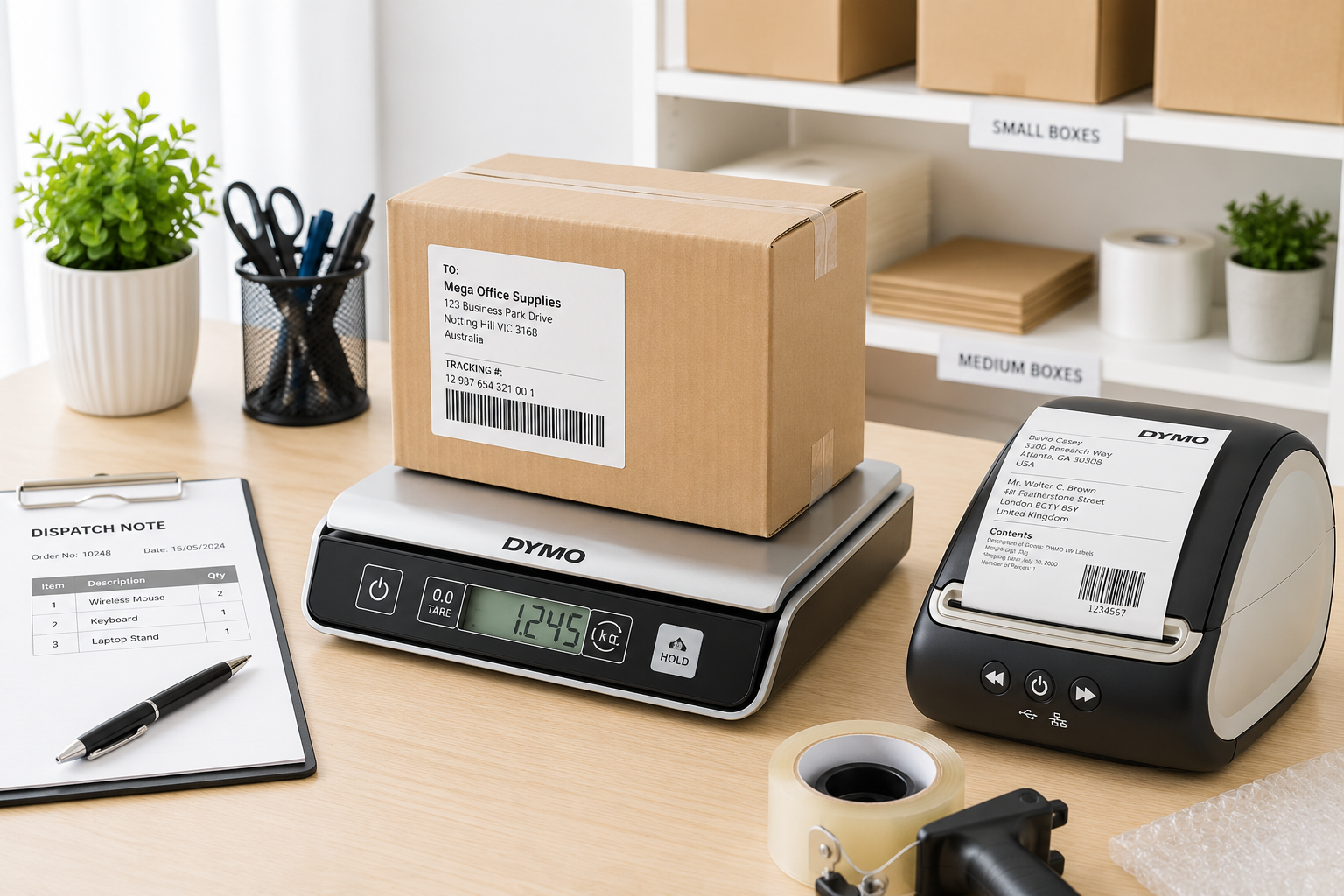 Shipping scale arranged in a bright packing station with parcel box, label printer, dispatch note, packing tape and organised shipping supplies.