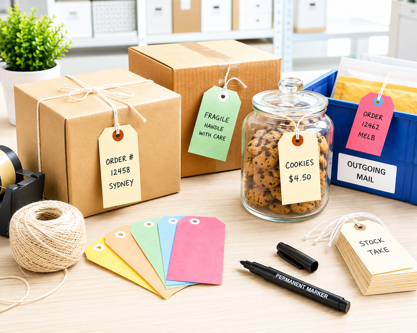 Bright shipping tags attached to parcels, stock items and cookie jar in a clean packing station with twine, marker and dispatch supplies.