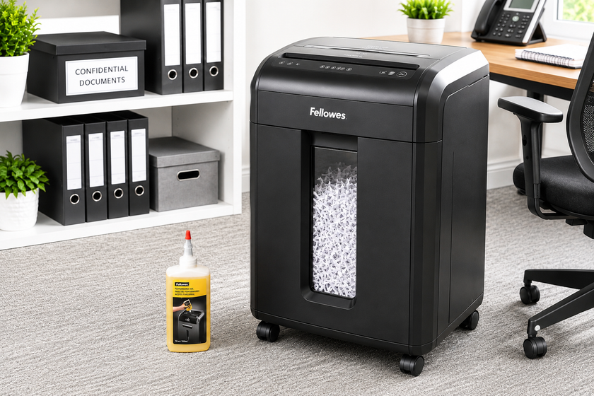 Shredder oil bottle shown beside a larger floor standing shredder in a bright modern office maintenance area.