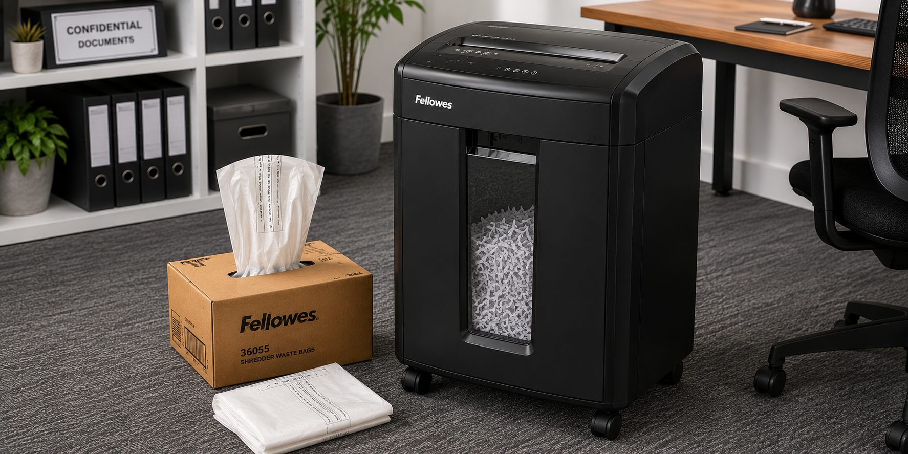 Shredder waste bags shown in proportion beside a larger floor standing shredder in a bright office disposal area with confidential document storage.